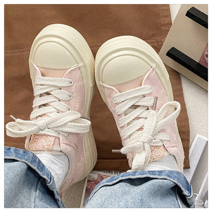 xiangtuibao NEW Pink Canvas Sneakers Woman Vulcanized Shoes Platform Sneakers Women Lace Up Flats Sneakers Ladies Spring Autumn Sports Shoes