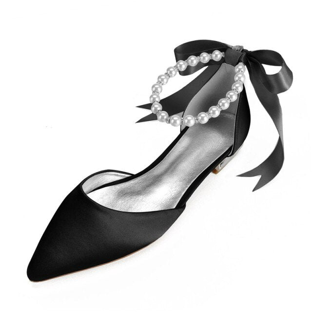 Comfort Flat Satin Women Shoes Pointed Toe Ankle Strap Pearls Ribbon Formal Prom Evening Wedding Party Dress Flats