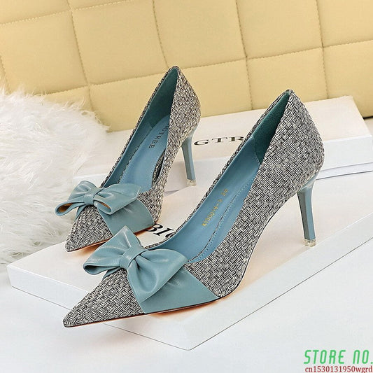 Butterfly-knot Pointed Toe Pumps Women fashion High Heels Shoes Slip on shoes shallow Weave Slides mixed color Zapatos De Mujer