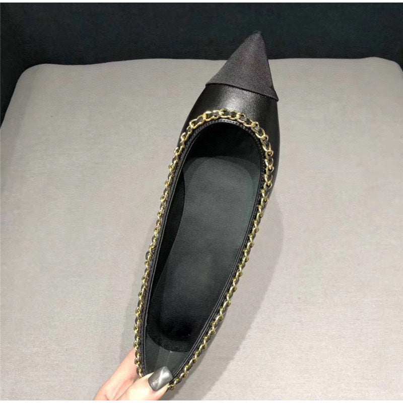 Women Fashion Flats Shoes Genuine Leather Pointed Toe Mixed Color Females Single Shoes Shallow Metal Chain Classic luxury brand