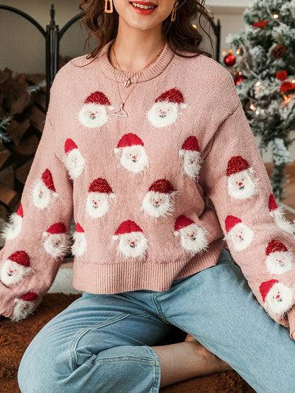 Elegant Christmas-Themed Knit Sweater for Women - Cozy Polyester & Nylon Blend, Machine Washable, Round Neck, Perfect for Fall/Winter