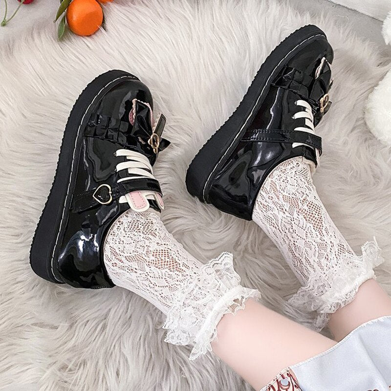 Rimocy Sweet Bow Lolita Shoes Women Spring Heart-shaped Buckle Platform Flats Woman Mix Color Non-slip Lovely Mary Jane Shoes