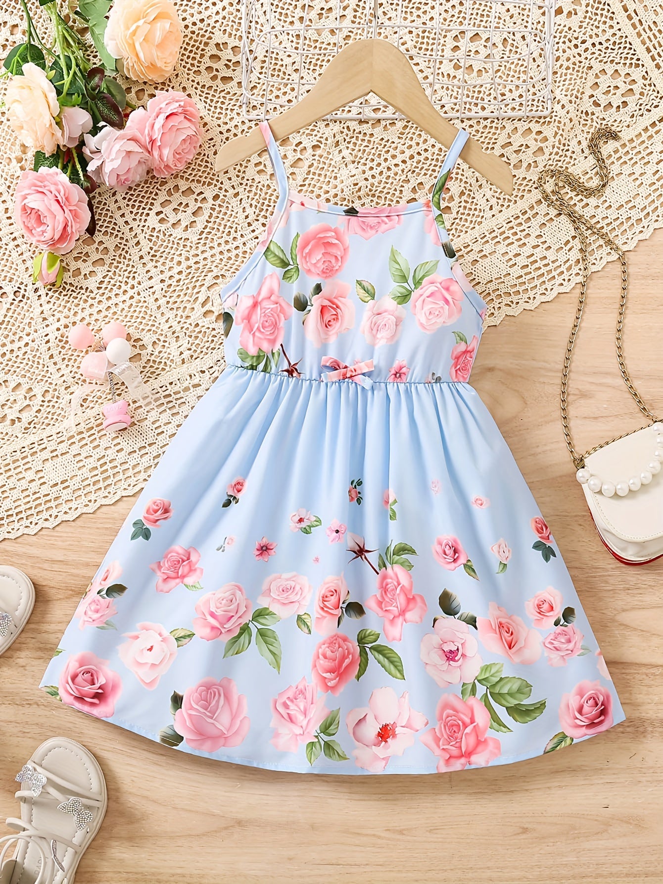 Knee-High Loose Fit Off the Shoulder Floral Print Slingback Dress for Girls - Machine Washable, Non-Stretch Polyester, Strapless, Sleeveless, Casual Style for Spring/Summer/Fall - Perfect for Ramadan and Wedding Occasions