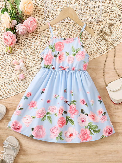 Knee-High Loose Fit Off the Shoulder Floral Print Slingback Dress for Girls - Machine Washable, Non-Stretch Polyester, Strapless, Sleeveless, Casual Style for Spring/Summer/Fall - Perfect for Ramadan and Wedding Occasions