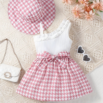 Toddler Girls Splicing Ruffle Trim Sleeveless Houndstooth Pattern Dress With Hat For Spring Summer Party