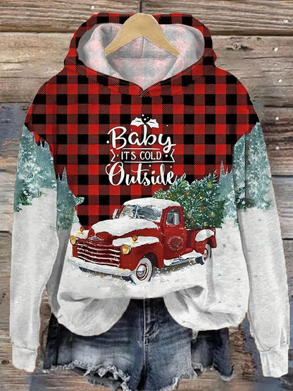 Women's Vintage Red Plaid & Christmas Tree Hoodie - Cozy Polyester Blend, Machine Washable, Perfect for Fall/Winter