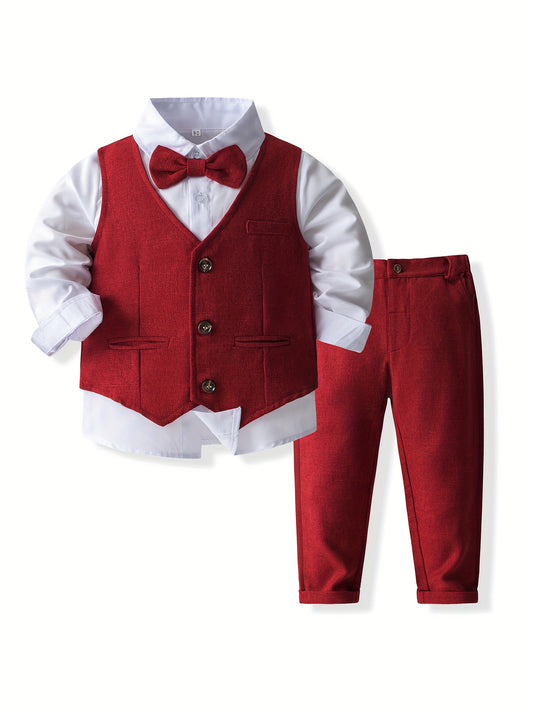 Stylish Gentleman Suit Set - V-Neck Vest, Long Sleeve Shirt, Long Pants, Bow Tie - Solid Color Polyester Blend Outfit for Boys' Formal All-Season Celebrations, Parties, and Special Occasions