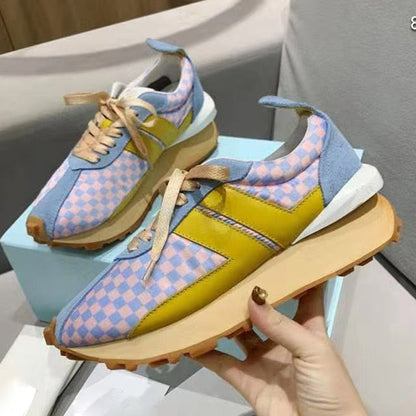 Spring Thick Sole Casual Daddy Shoes Women Flat Mixed Color Lace Up Patchwork Sneakers Outdoor Walk Tennis Shoes  Unisex