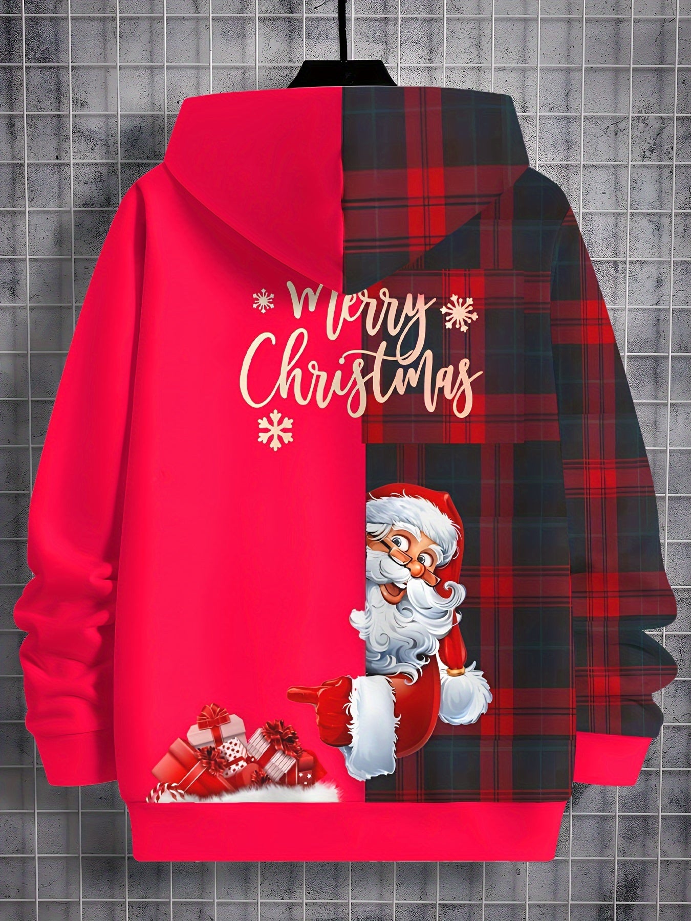 Merry Christmas Santa & Plaid Print Boys' Hoodie - Cozy & Stylish Long Sleeve Pullover for Spring/Fall, Machine Washable