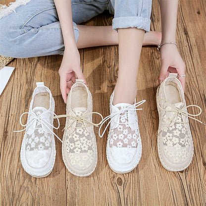 New Women's Breathable Mesh Flower Lace Breathable Casual Shoes Fashion Flats Shoes Women Shallow White Vulcanized Shoes