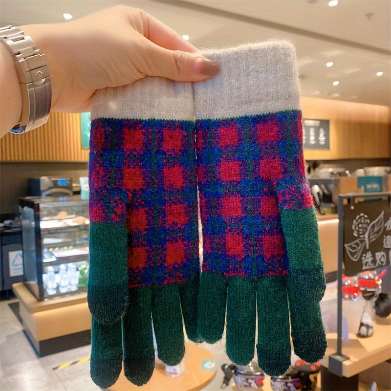 1 Pair Gingham Print Knitted Gloves, Unisex Full Finger Warm Winter Gloves, Touch Screen Hand Warmer Gloves For Cycling Driving