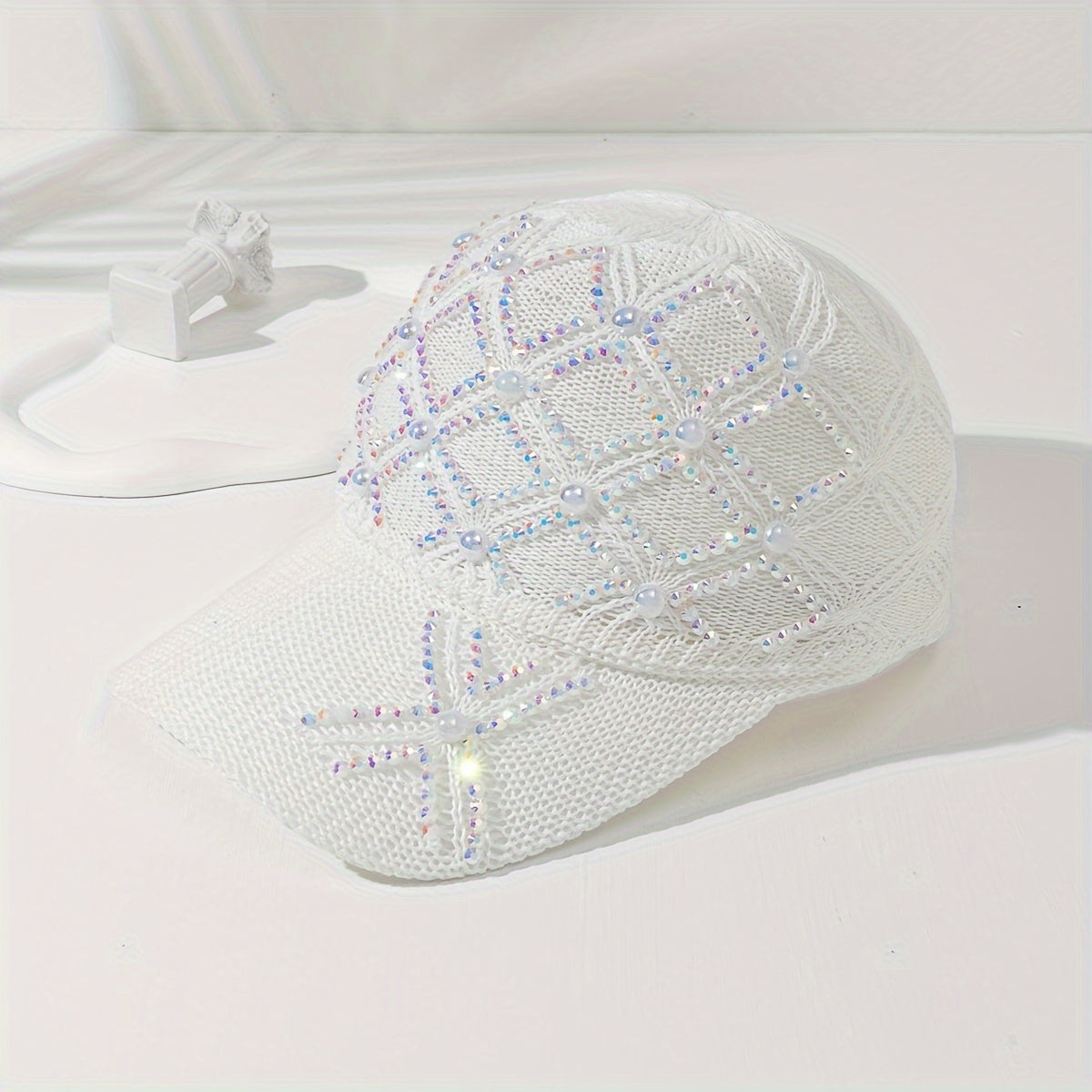 Stylish Women's Summer Sunshade Baseball Cap - Handmade Rhinestones, Knitted Checkered Design, Mesh Breathable, Versatile, Fashionable, and Protective - Perfect for Outdoor Activities