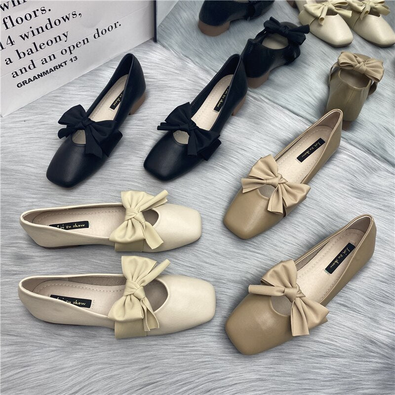 Bailamos Women Flats Ladies Female Footwear Bow-Knot Fashion Women's Casual Sneaker All-Match Square Toe Shallow Mouth Shoes