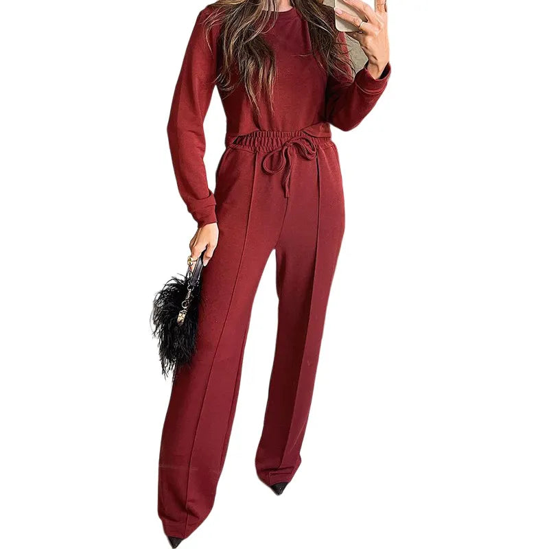 Stylish Women's Long Sleeve T-Shirt and Straight Pants Set in Spandex for Autumn commuting AST183982