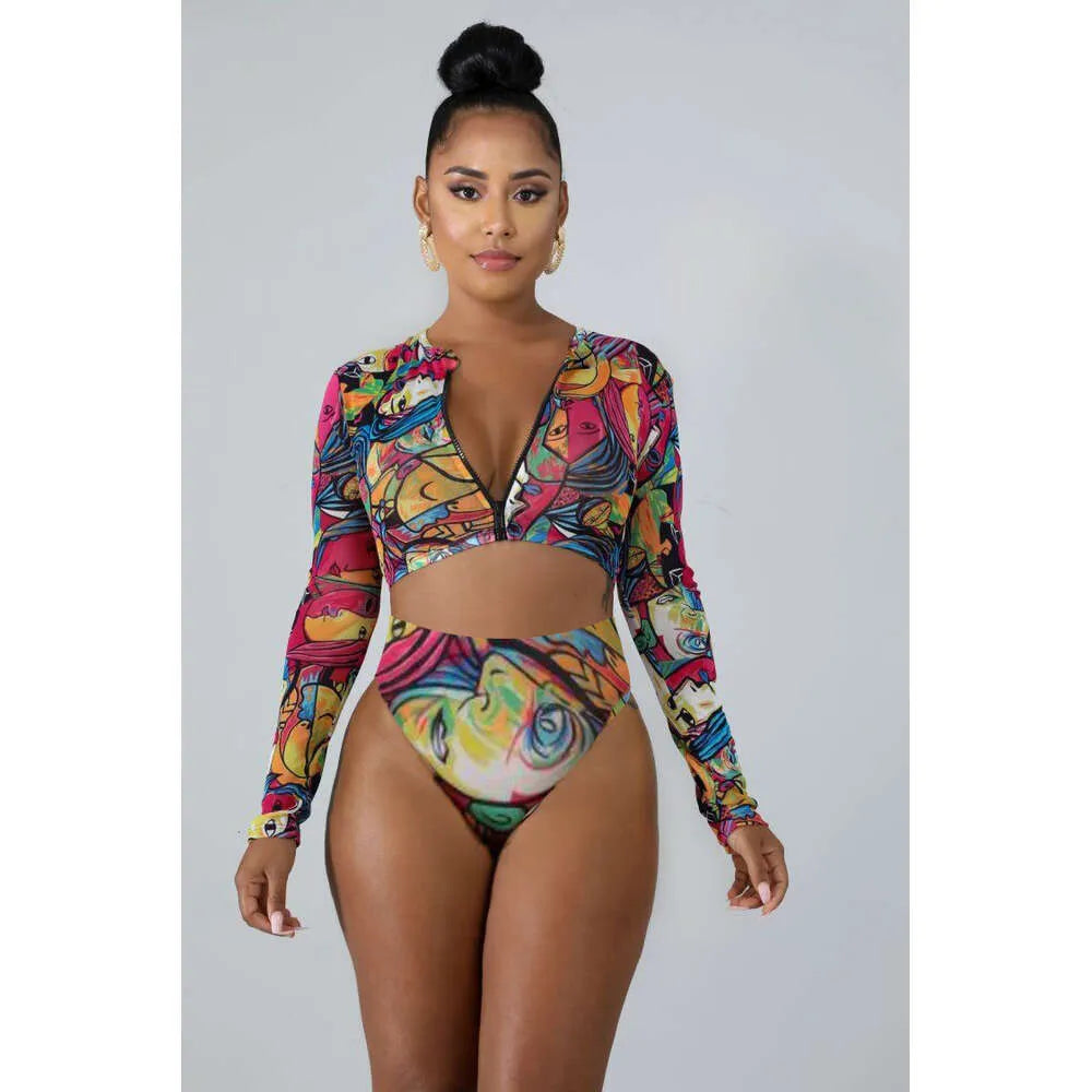 New Long Sleeved Zipper Bikini High Waist Women's Split Conservative Sunscreen Beach Swimsuit