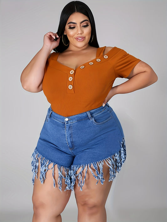 Plus Size Womens High Rise Straight Leg Denim Shorts - Stretchy Raw Hem Fringe Hem Solid Color Cotton Blend Casual Shorts for Spring/Summer - High-Quality Woven Fabric, No Printing, and Slash Pocket