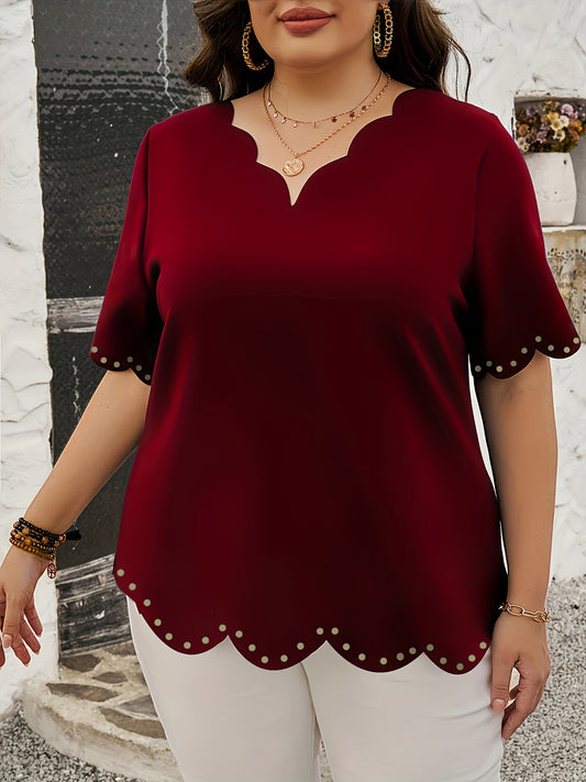 Plus Size Scallop Trim Blouse - Delicate Trim Details, Flattering V-Neckline, Short Sleeves, Effortlessly Casual Style - Designed for Plus-Size Women, Perfect for Spring, Womens Clothing Collection