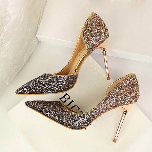 xiangtuibao   Woman 9cm Glitter High Heels Sequins Scarpins Pumps Female Silver Gold Escarpins Lady Wedding Bridal Scarpins Talons Shoes