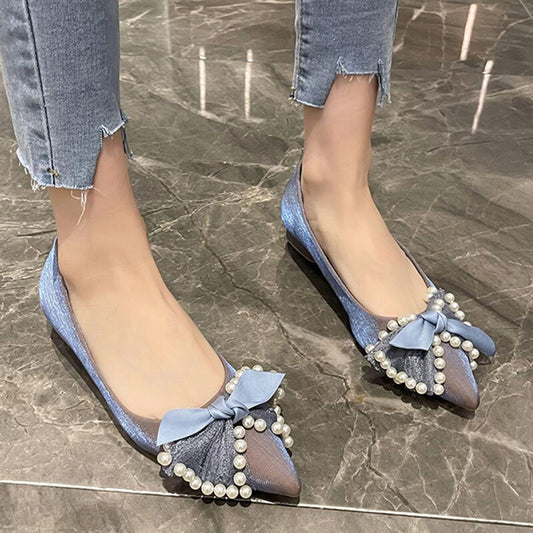 Rimocy Pearl Bowtie Party Pumps Women Sexy Lace Pointed Toe Banquet Wedding Shoes Woman String Bead Comfort Low Heels Shoes