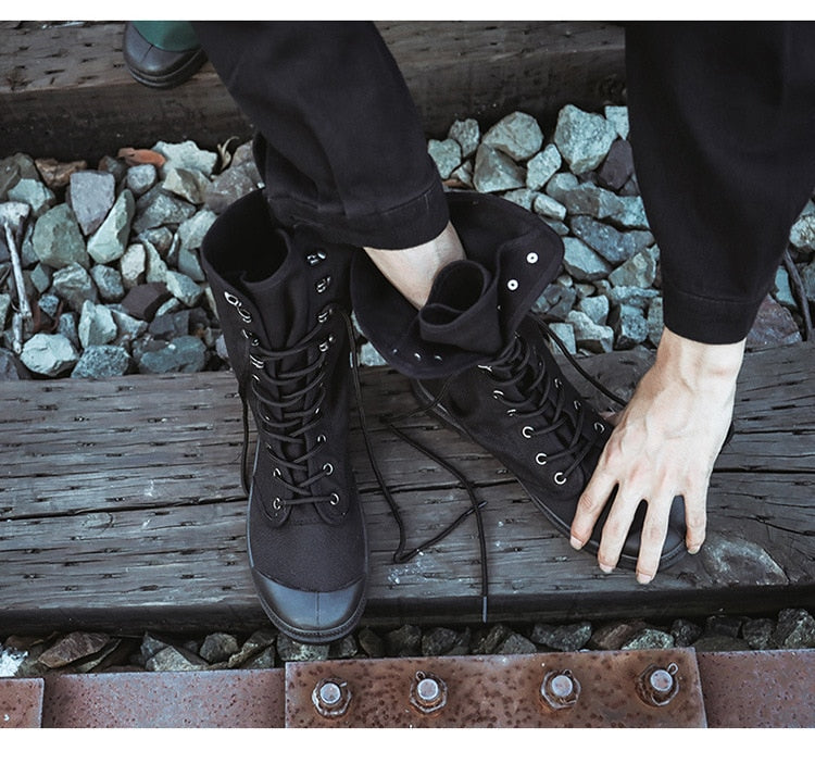 Canvas Men Boots Spring Fashion Men Casual Shoes Mid-calf Male Military Tactical Boots Lace Up Comfortable Man Sneakers