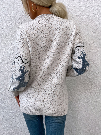 Long Sleeve Deer Pattern Drop Shoulder Cardigan for Fall & Winter, Elegant Women's Clothing