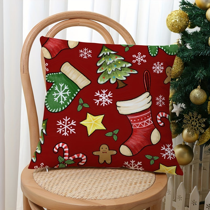 1Pc, Red Christmas Elements Throw Pillowcase Super Soft One Side Printed Cushion Cover 17.7*17.7inch