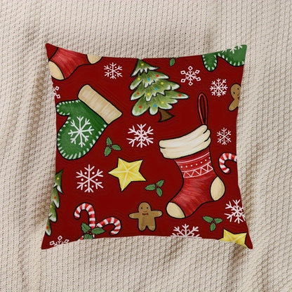 1Pc, Red Christmas Elements Throw Pillowcase Super Soft One Side Printed Cushion Cover 17.7*17.7inch