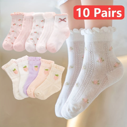 10 Pairs of Adorable Cartoon Patterned Ankle Socks - Soft, Breathable, Comfy, and Moisture-Wicking for Girls Spring and Summer Wear - Cotton Blend, Knit Fabric, Low-Cut Design