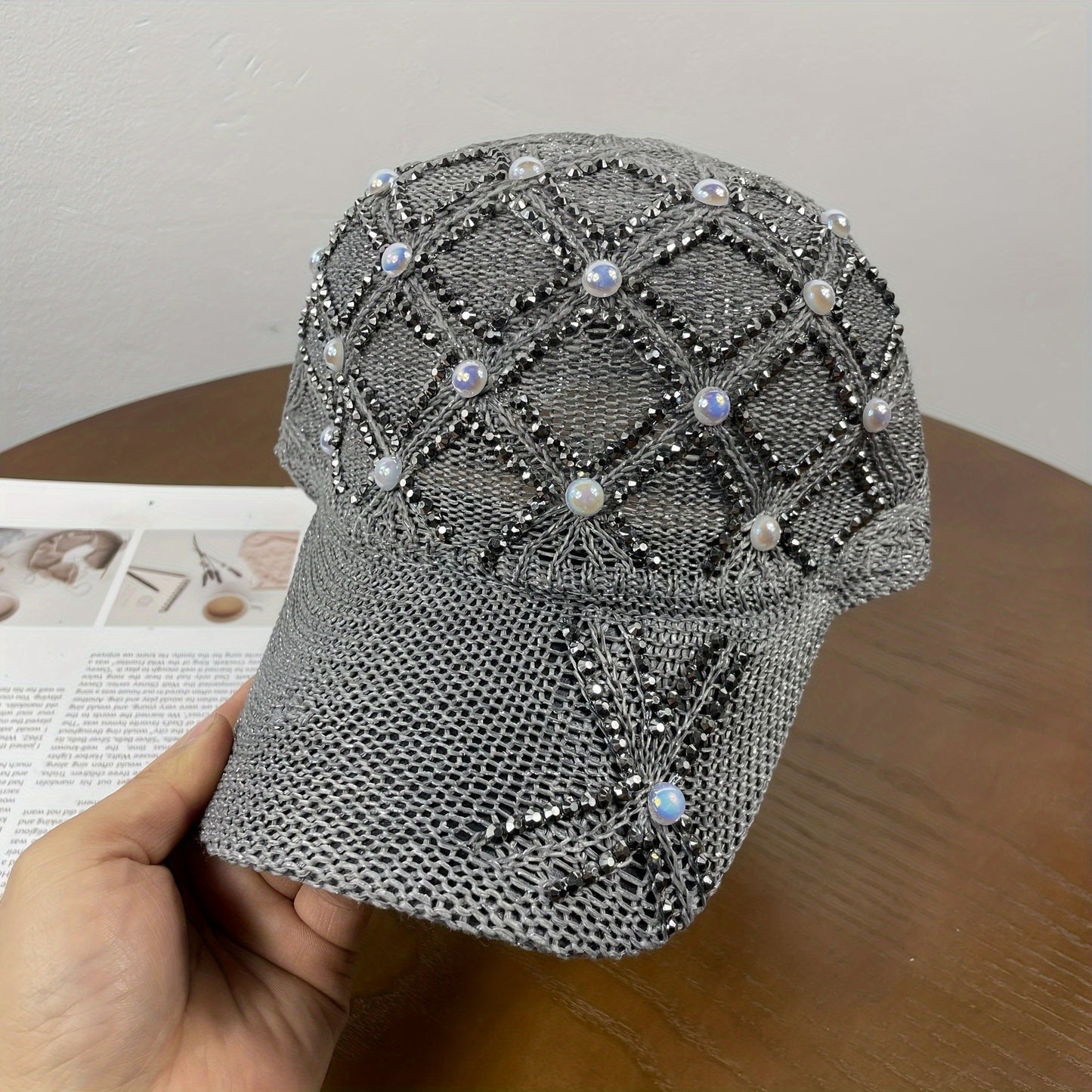 Stylish Women's Summer Sunshade Baseball Cap - Handmade Rhinestones, Knitted Checkered Design, Mesh Breathable, Versatile, Fashionable, and Protective - Perfect for Outdoor Activities