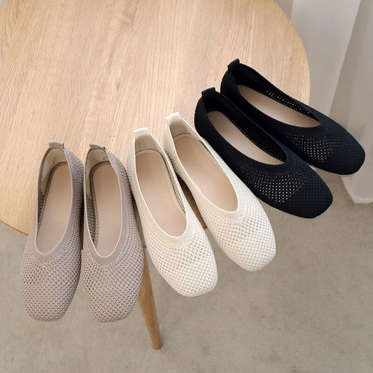 EOEODOIT Autumn Casual Loafers Knit Flats Women Hollow Square Toe Sneakers Breathable Flat Heel Boat Shoes