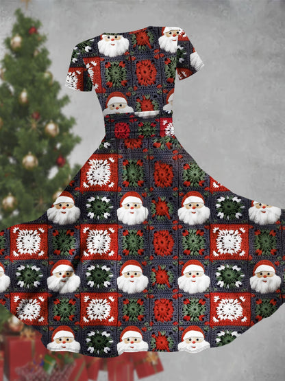 Vintage Christmas Themed Dress for Women - V-Neck Polyester Knit Fabric with Santa and Christmas Tree Print - All-Season Adult Dress with Flared Skirt