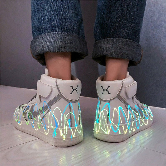 Spring and Autumn Men's High-Top Sports Casual Shoes Student Fashion White Luminous Flat Women's Shoes Couple Boots