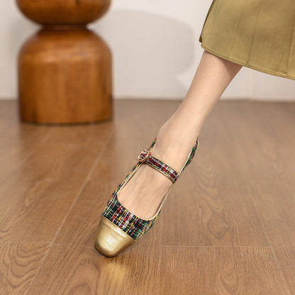 xiangtuibao Women Flats Square Toe Special Material Mary Janes Patchwork Women’s Design Flats With Buckle Ladies Shoes Sweet Footwear