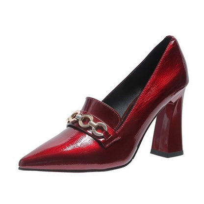 xiangtuibao   Women Dress Shoes Patent Leather High Heels Pointed Toe Pumps Chain Metal Boat Shoes Ladies Wedding Shoes Red Black
