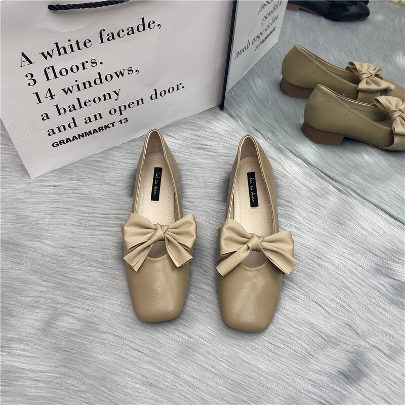 Bailamos Women Flats Ladies Female Footwear Bow-Knot Fashion Women's Casual Sneaker All-Match Square Toe Shallow Mouth Shoes