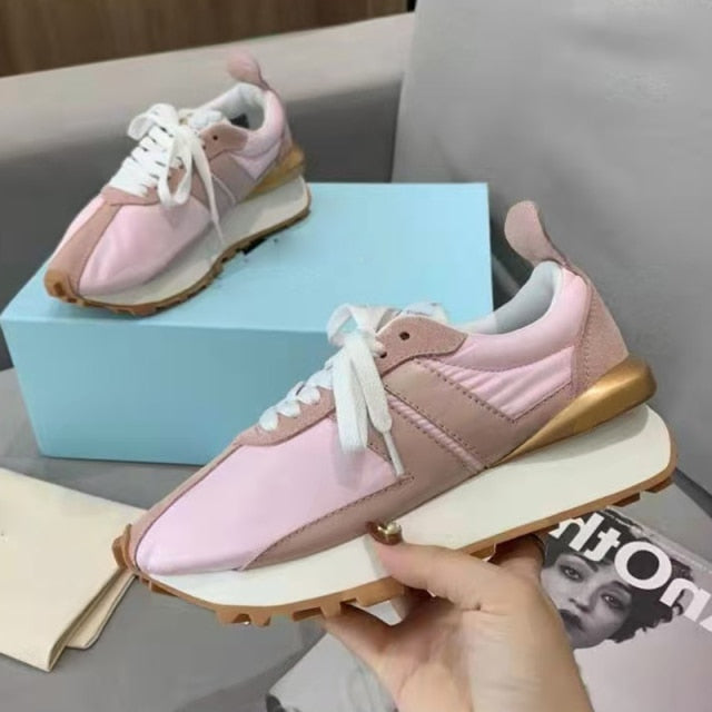 Spring Thick Sole Casual Daddy Shoes Women Flat Mixed Color Lace Up Patchwork Sneakers Outdoor Walk Tennis Shoes  Unisex