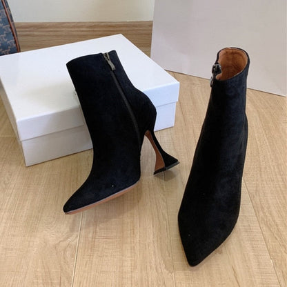 xiangtuibao  Short Boots Women  New Fashion High Heels Pointed Horseshoe Heel Ankle Boots