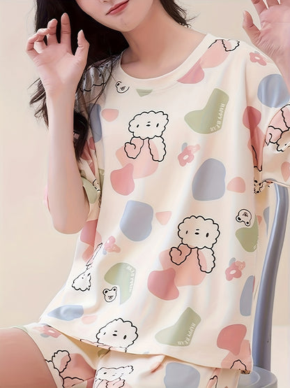 Lightweight & Stylish Womens Rabbit Print Pajama Set - Short Sleeve, Round Neck Tee & Pocket Shorts, Color Block Sleepwear for Casual Nights