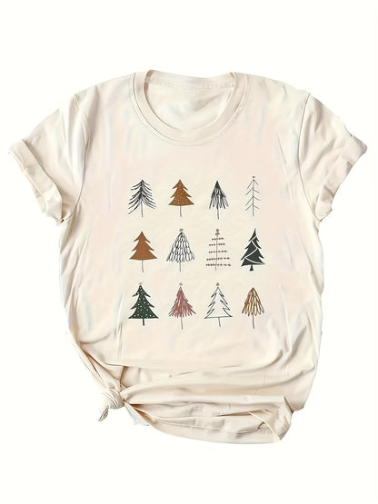 Christmas Tree Print Crew Neck T-shirt, Casual Short Sleeve Top For Spring & Summer, Women's Clothing