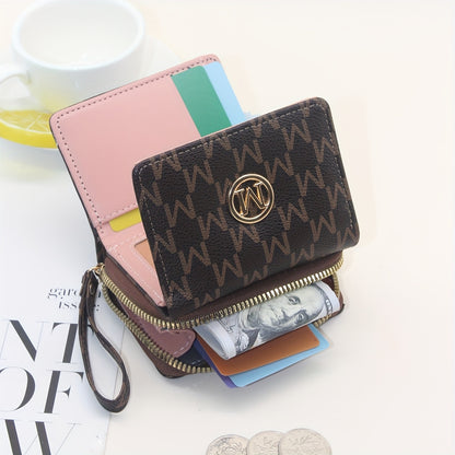 Tri-Fold Ladies Wallet with Wristlet - Classic Designer Letter Print, Snap Closure, Multiple Zip Pockets, ID Card Compartment, Polyester Lining, PU Material, Casual Style Credit Card Holder for Women