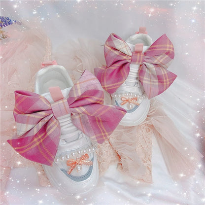 Lolita Plaid Bowknot Sweet Girly Style Thick-soled Casual Sports Shoes Breathable Flat Platform Shoes kawaii shoes loli cosplay