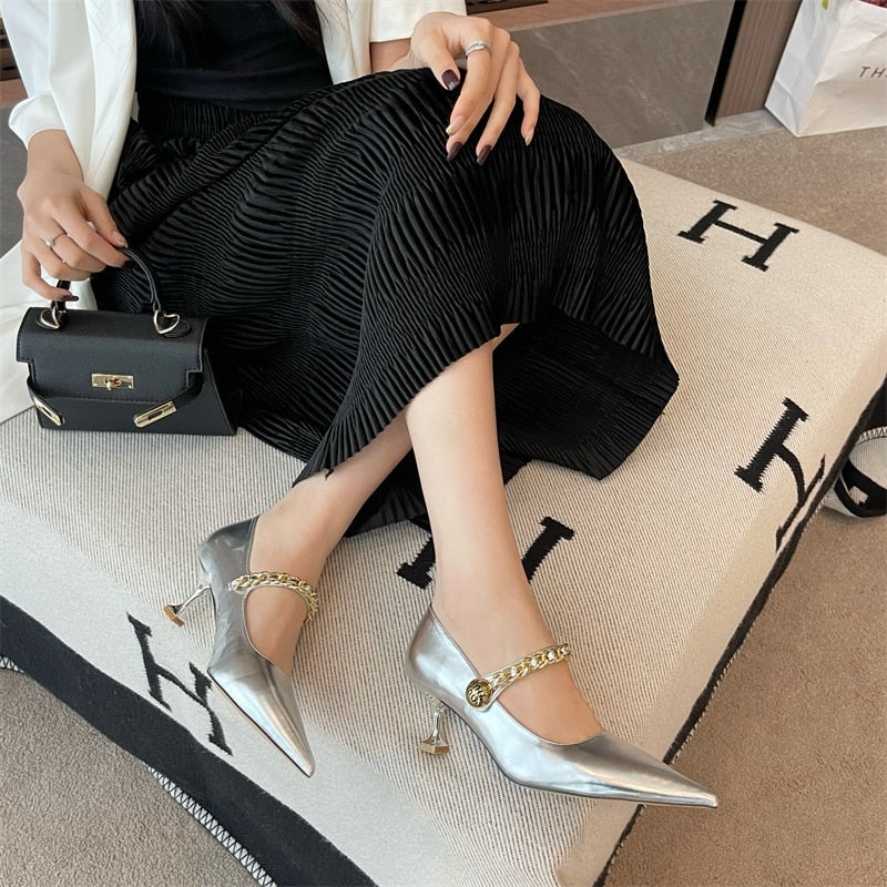 xiangtuibao Patent Leather Women Pumps Pointed Toe Shallow Slip On Black WHite Beige Silver Rhinestone Chain Thin High Heels Dress Shoes 39