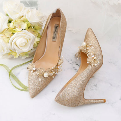 xiangtuibao Golden Bride Pumps Sequined Wedding Shoes Dress Bridal Annual Meeting Banquet Genuine Leather Date Party 9cm High Heels