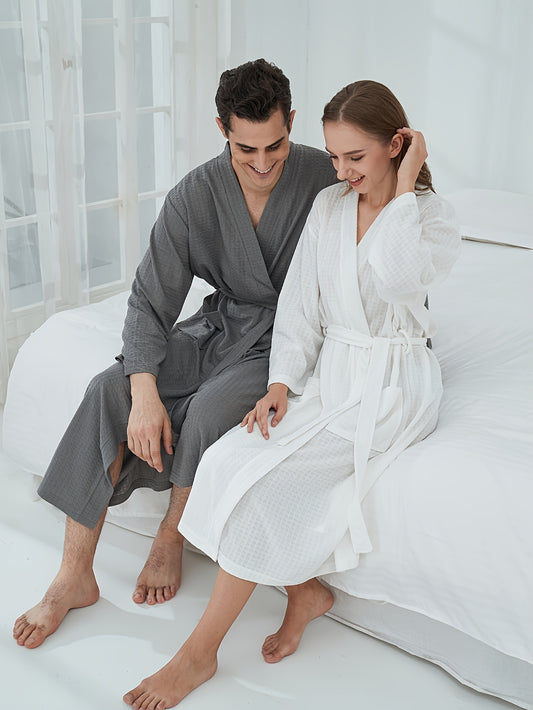 2pcs Couple Robe Set - Ultra-Soft and Cozy Solid Color Design with Convenient Pockets and Adjustable Lace-Up Closure - Designed for Mens Comfort, Perfect for Lounging Around the House, Ideal for Post-Bath Relaxation, Complete Night-robe Sets for Couples