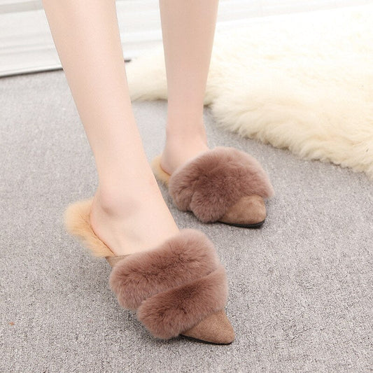 Furry Slides for Women Winter Outdoor Flock Flat Soft Mules Pantoufle Femme Rasteiras Shoes Slides Zapatillas De Casa Mujer Buty