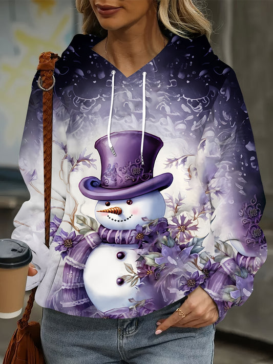 Cozy Festive Christmas Snowman Hoodie - Soft Knit Fabric, Adorable 3D Printed Design, Purple Christmas Theme, Spacious Pockets, and Stylish Hood for Women - Perfect for Cold Winter Days and Holiday Parties