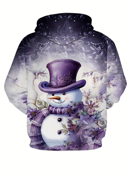 Cozy Festive Christmas Snowman Hoodie - Soft Knit Fabric, Adorable 3D Printed Design, Purple Christmas Theme, Spacious Pockets, and Stylish Hood for Women - Perfect for Cold Winter Days and Holiday Parties