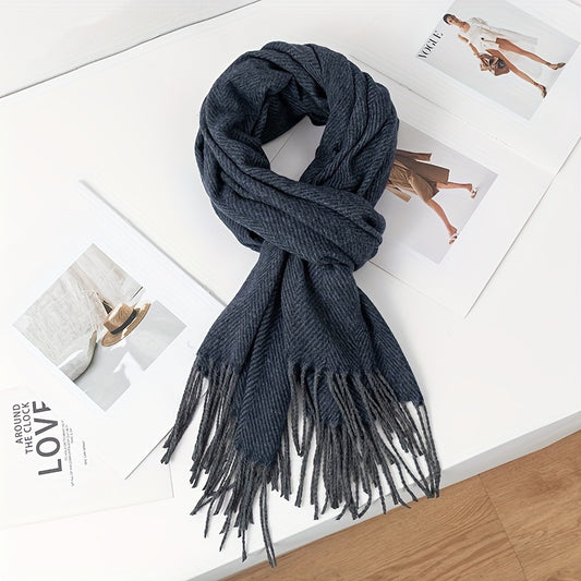 Casual Polyester Scarf for Men & Women - 100% Polyester Herringbone Pattern Winter Scarf with Tassels - Versatile, Warm, Windproof, Decorative Woven Scarf for Going Out