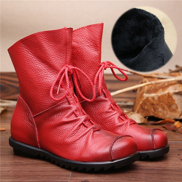 Vintage Style Genuine Leather Women Boots Flat Booties Soft Cowhide Women's Shoes Front Zip Ankle Boots zapatos mujer