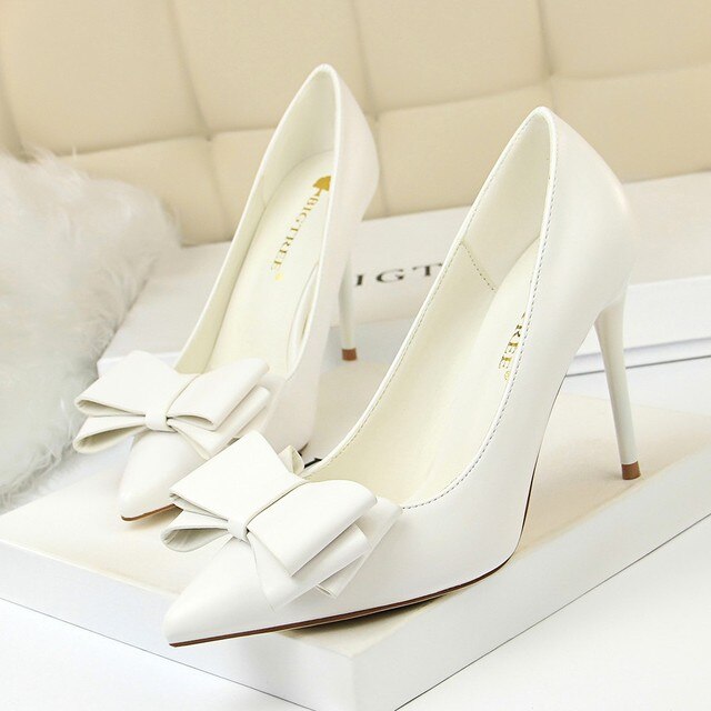 cute bow women high heels pumps Ladies shoes  sexy pointed toe 10cm thin heels 7 colors wedding shoes woman plus size 34-43